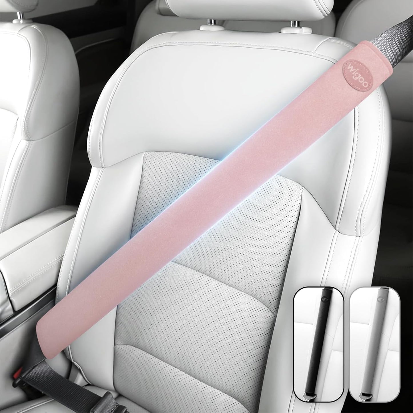 Pink car seat belt cover on a car seat with Wipoo branding.