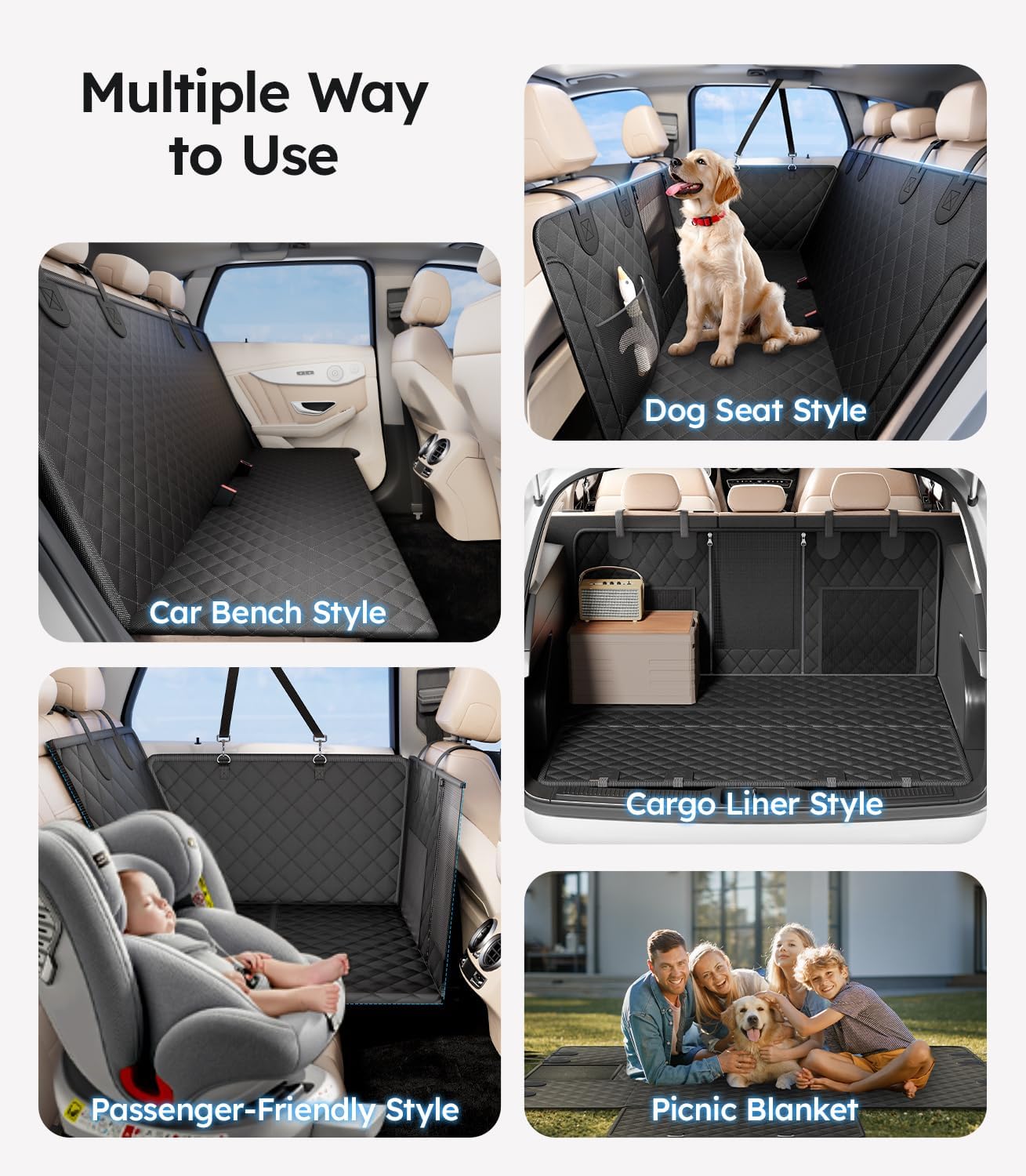 Multifunctional car seat cover with various uses including dog seat, car bench, cargo liner, passenger-friendly, and picnic blanket.
