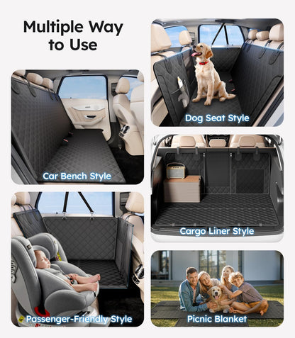Multifunctional car seat cover with various uses including dog seat, car bench, cargo liner, passenger-friendly, and picnic blanket.