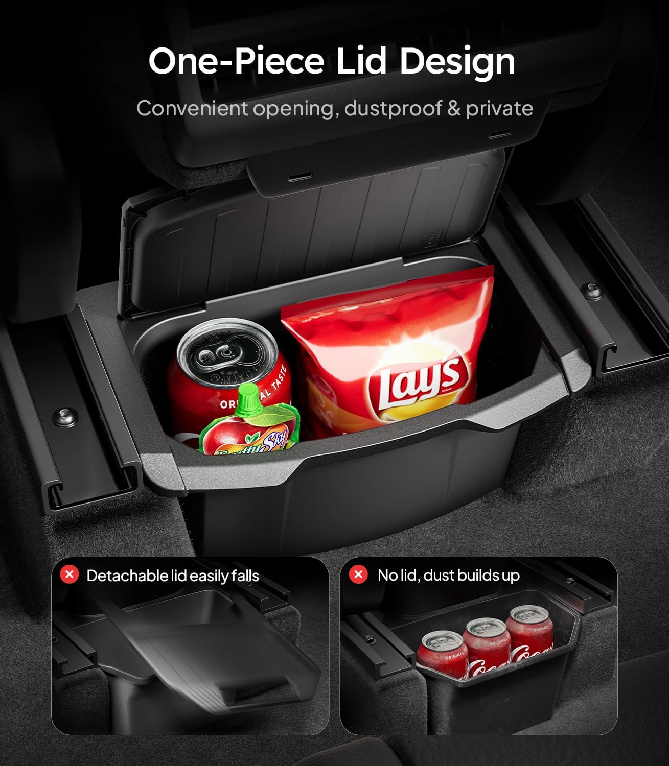 Car storage compartment with one-piece lid design, showing a can and a bag of Lays chips.