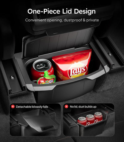Car storage compartment with one-piece lid design, showing a can and a bag of Lays chips.