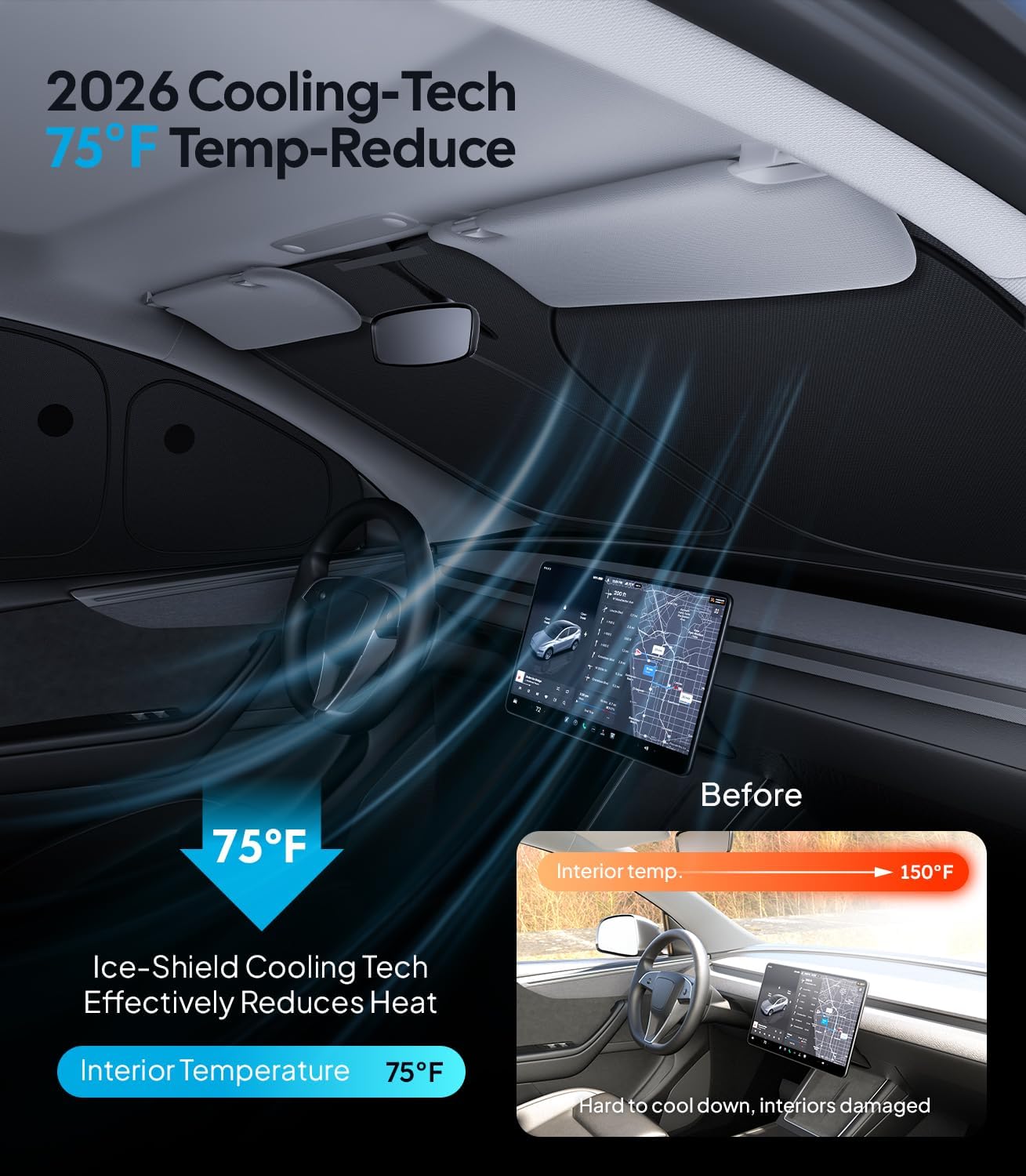 Car interior with cooling technology displayed, showing temperature reduction and before-and-after comparison.