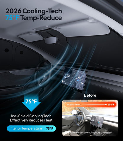 Car interior with cooling technology displayed, showing temperature reduction and before-and-after comparison.