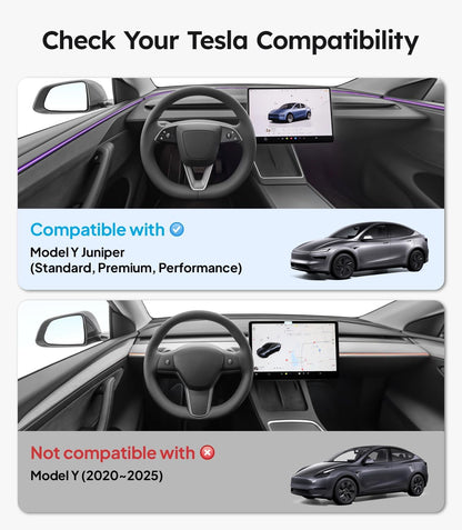 Compatibility check for Tesla models with a car interior and screen displaying compatibility information.