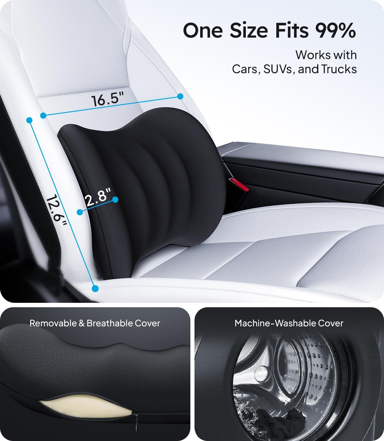 Black car seat cushion with measurements and features on a white car interior background