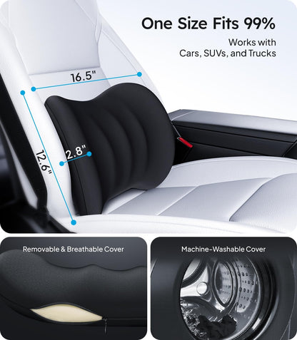 Black car seat cushion with measurements and features on a white car interior background