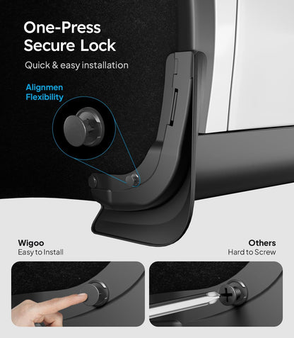 Car door lock mechanism with text highlighting 'One-Press Secure Lock' and 'Wigoo Easy to Install'.