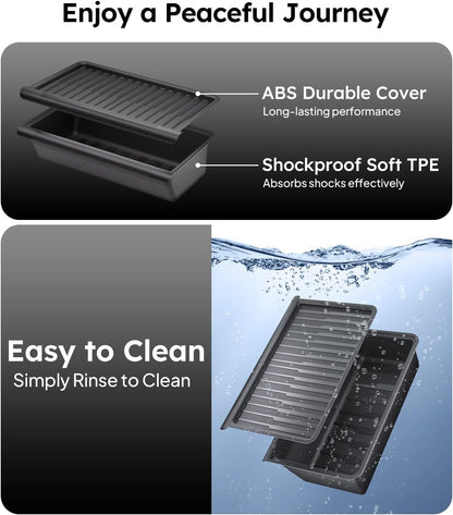 Black tray with text highlighting features like durable cover and shockproof material, and an image of water being rinsed off the tray.
