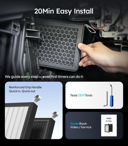 Car air filter installation process with hand holding filter and text indicating easy installation.