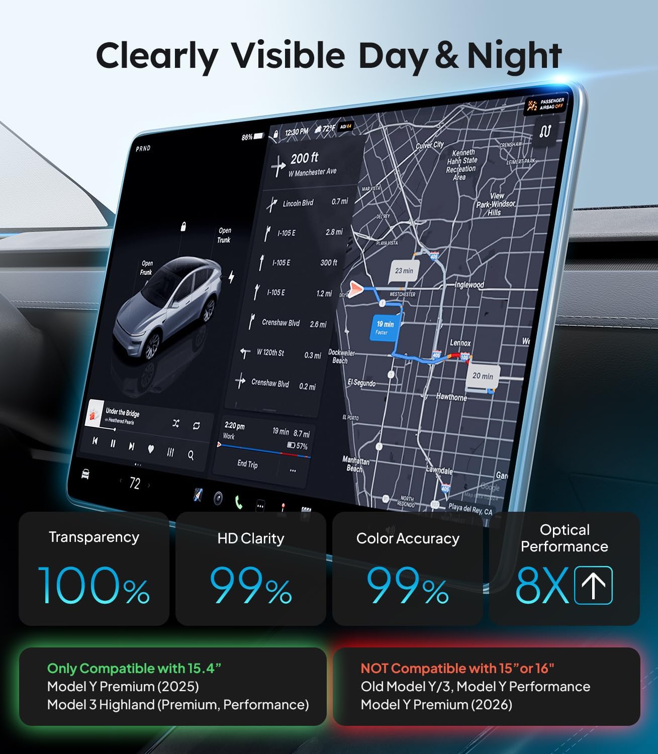 Car infotainment screen displaying navigation with technical specifications below.