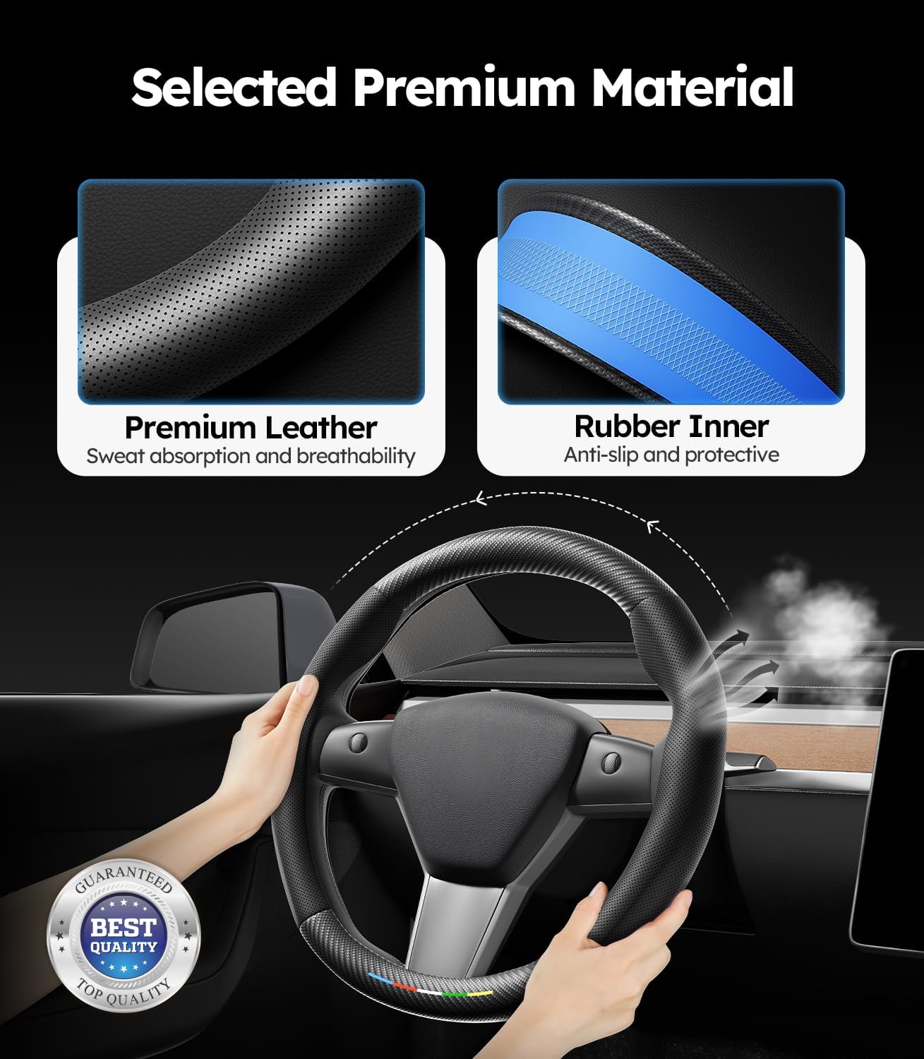 Car steering wheel cover with premium leather and rubber inner material, shown in a car interior.