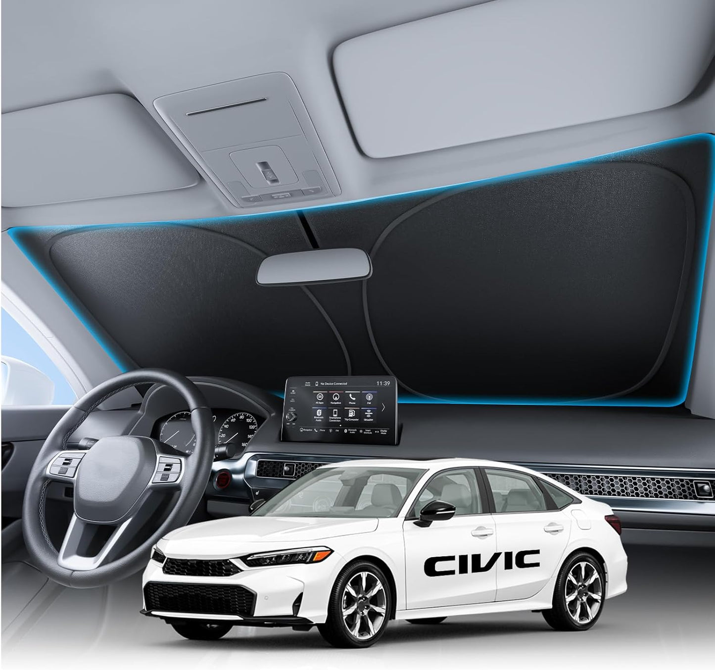 Car interior with dashboard and steering wheel, and a white Honda Civic car displayed below.