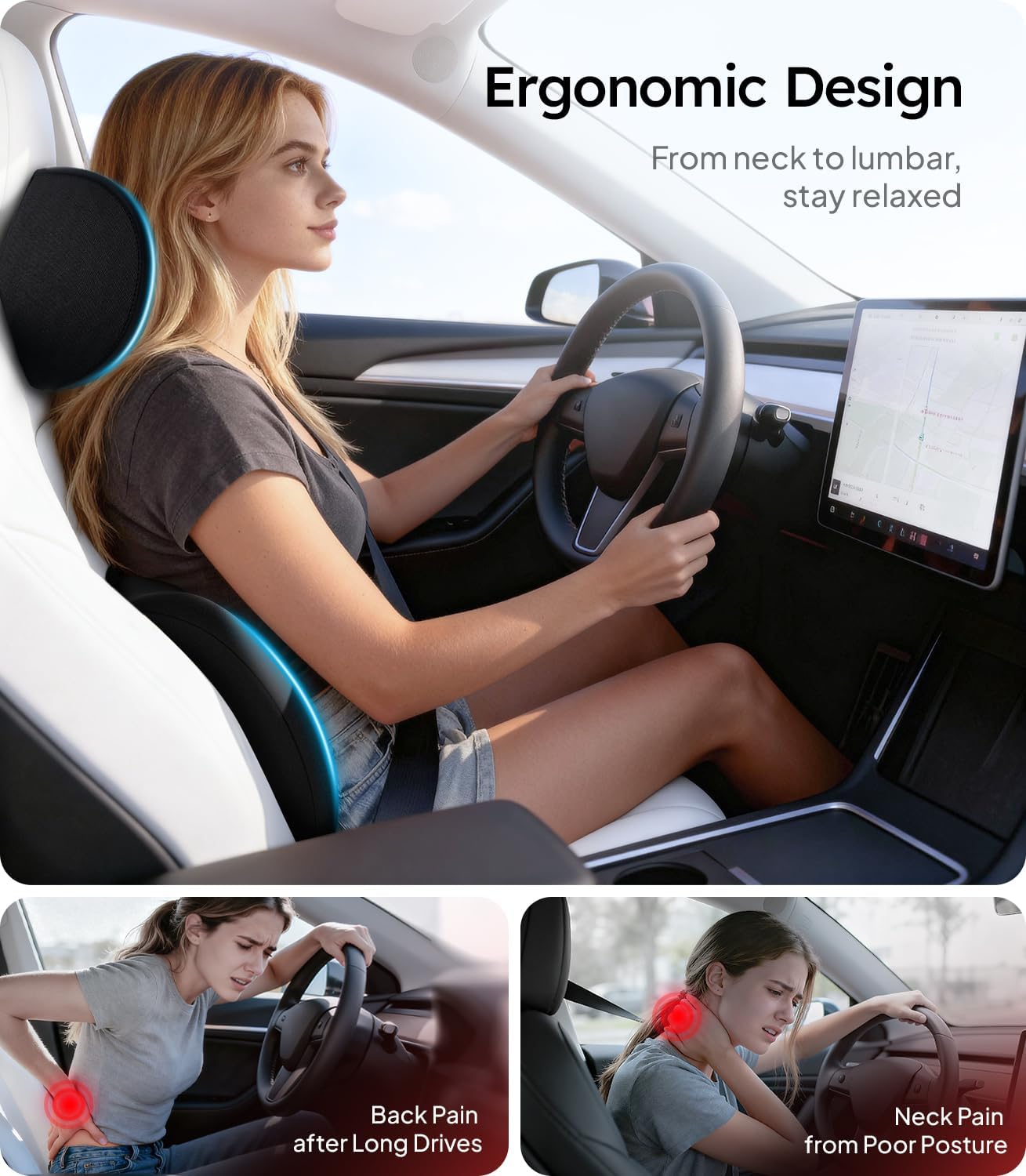 Woman driving a car with an ergonomic headrest, showing relief from back and neck pain.