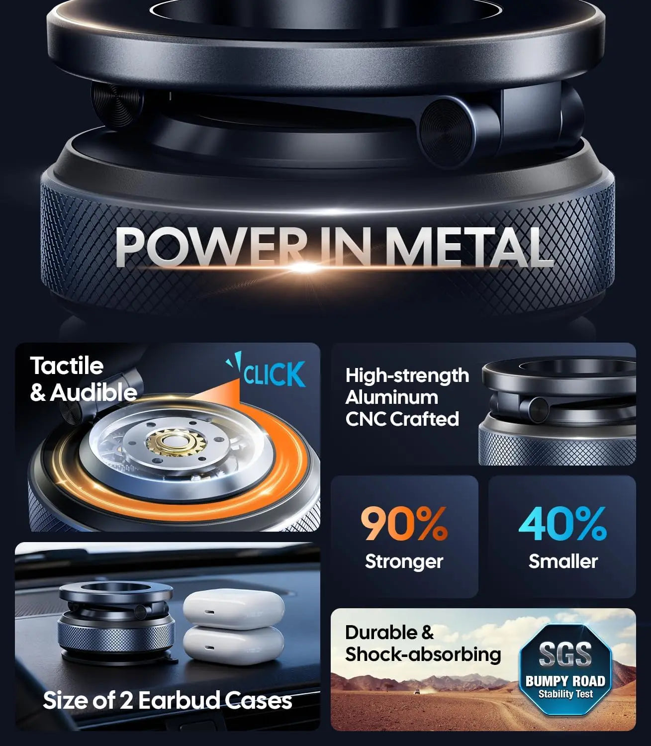 Product with 'Power in Metal' text and features highlighted on a dark background