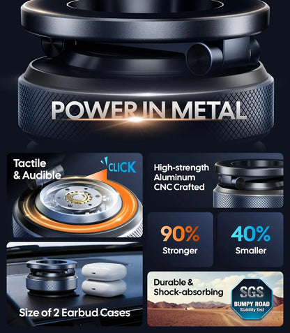 Product with 'Power in Metal' text and features highlighted on a dark background