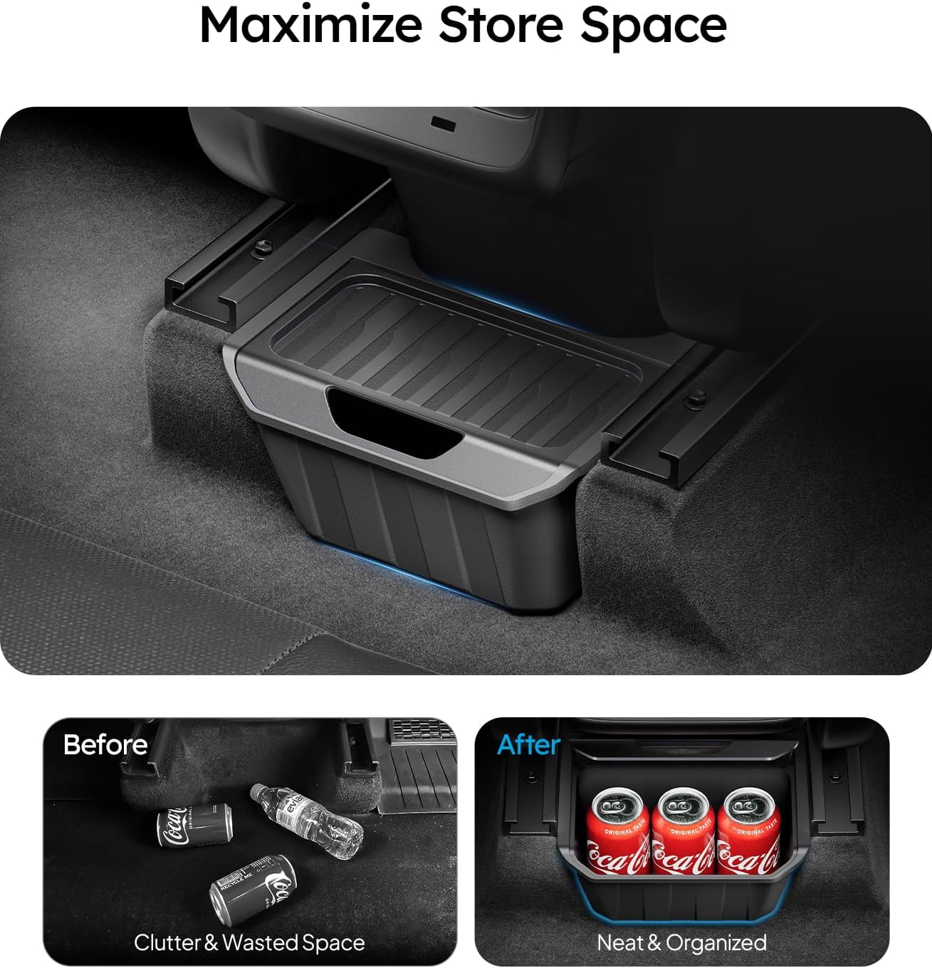 Car storage bin maximizing space with before and after images showing clutter and organization.