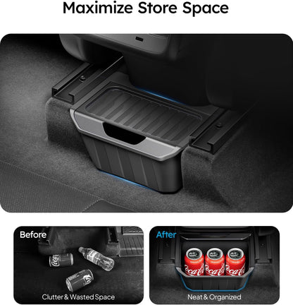 Car storage bin maximizing space with before and after images showing clutter and organization.