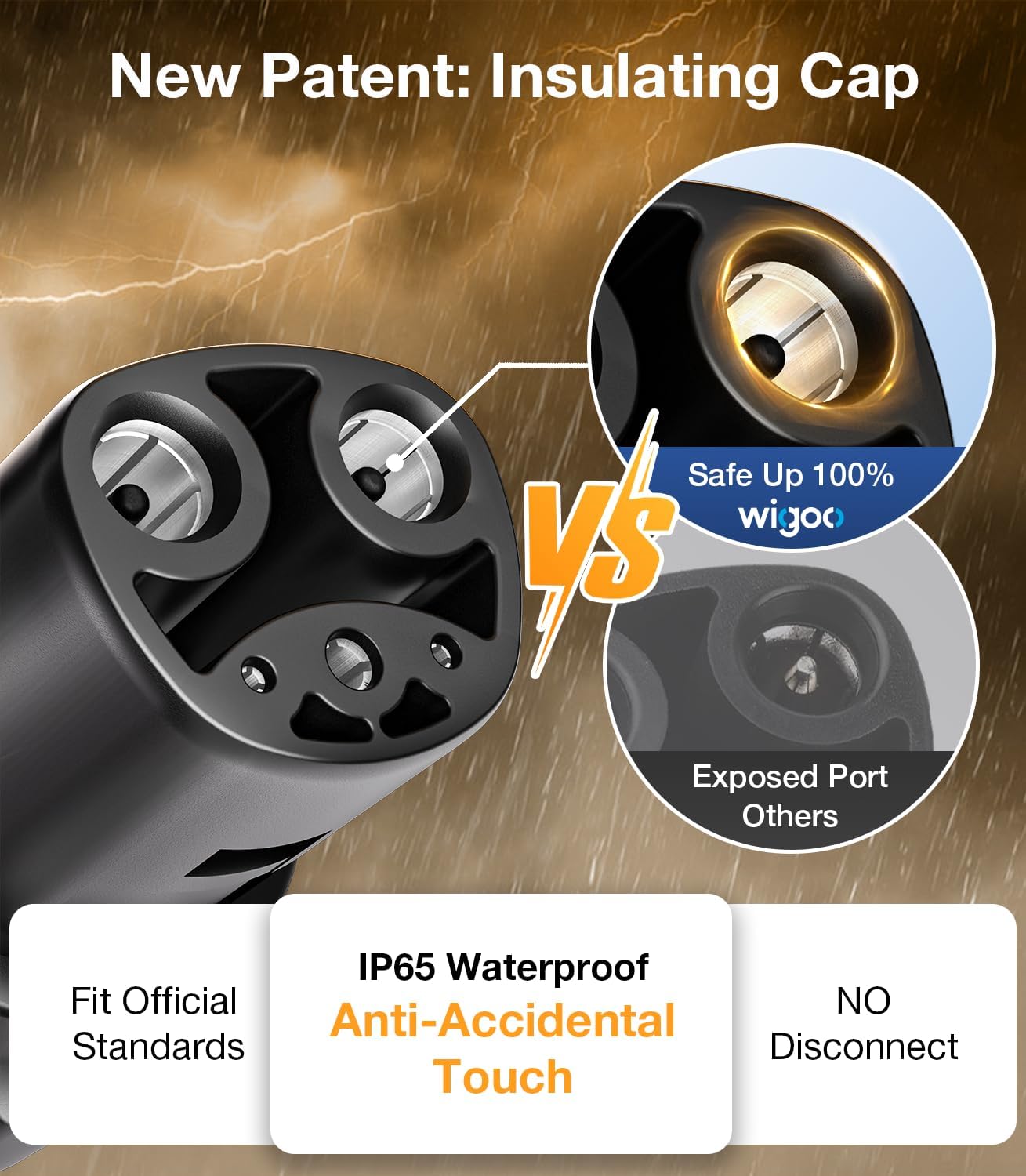 Advertisement for a new patent insulating cap with a comparison to an exposed port, highlighting features like IP65 waterproof and anti-accidental touch.