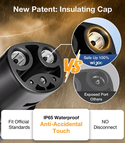 Advertisement for a new patent insulating cap with a comparison to an exposed port, highlighting features like IP65 waterproof and anti-accidental touch.