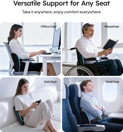 Collage of a person using a seat cushion in various settings including office chair, wheelchair, sofa, and travel seat.