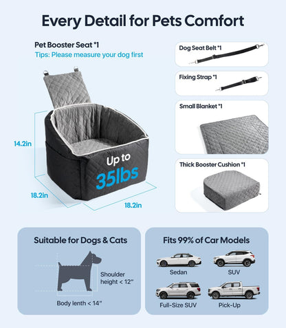 Pet booster seat with accessories and features on a light blue background