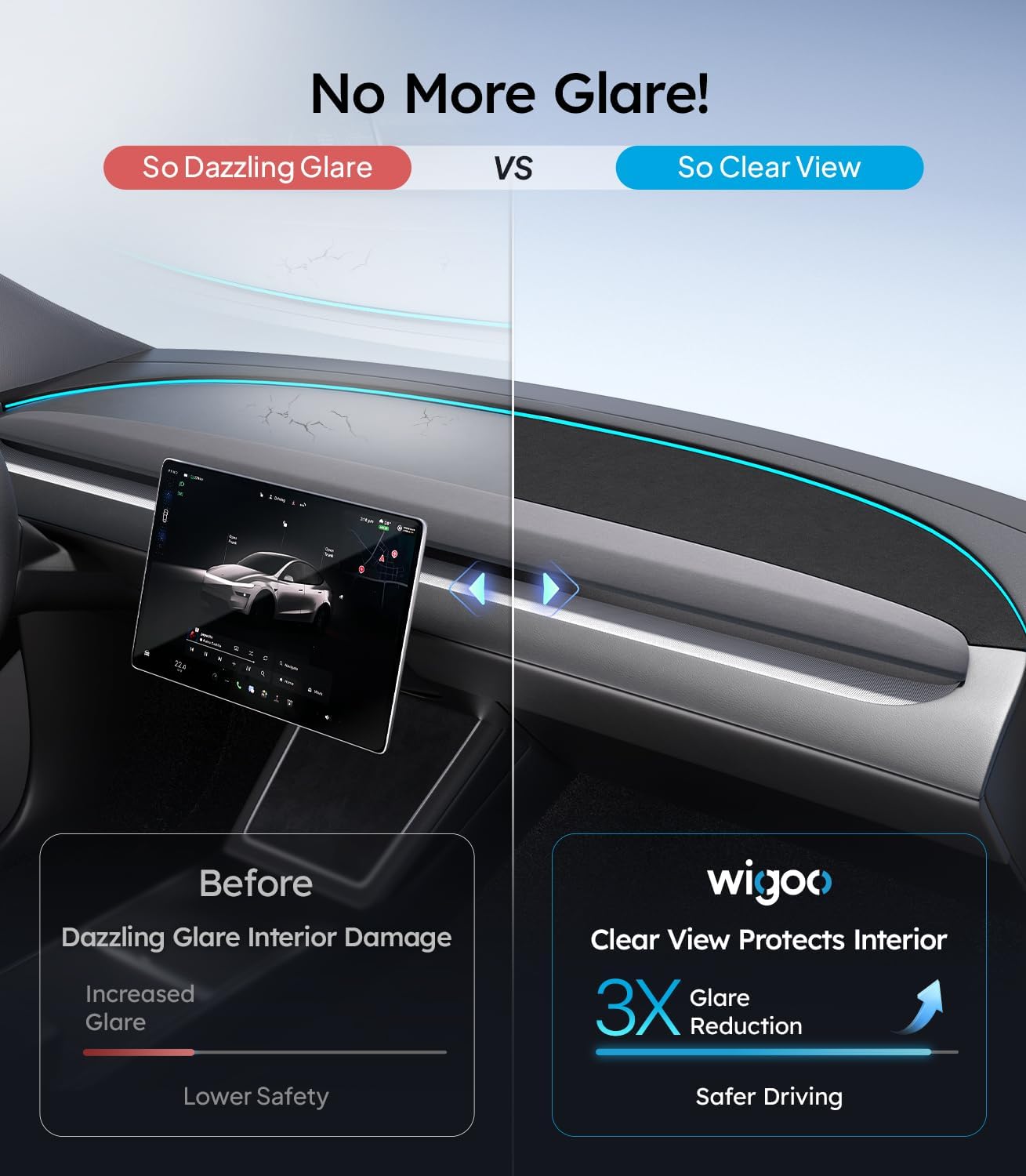 Comparison of dazzling glare and clear view in a car interior with Wigoo branding.