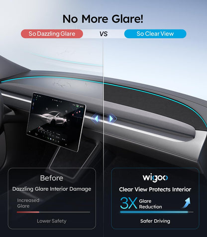 Comparison of dazzling glare and clear view in a car interior with Wigoo branding.
