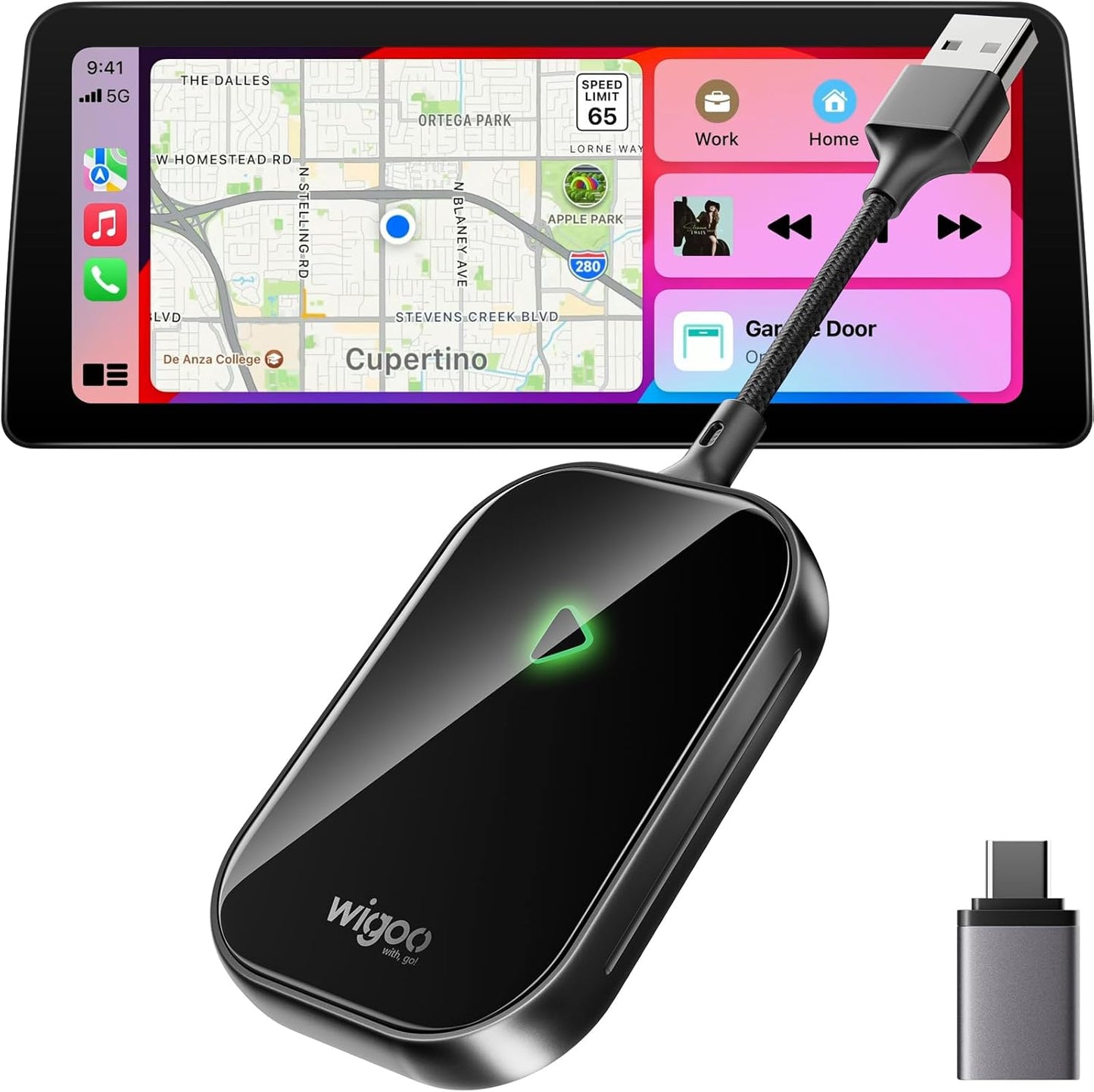 Car multimedia system with a screen displaying navigation and app icons, accompanied by a wireless charging pad and USB adapter on a white background.