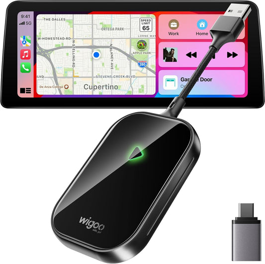 Car multimedia system with a screen displaying navigation and app icons, accompanied by a wireless charging pad and USB adapter on a white background.