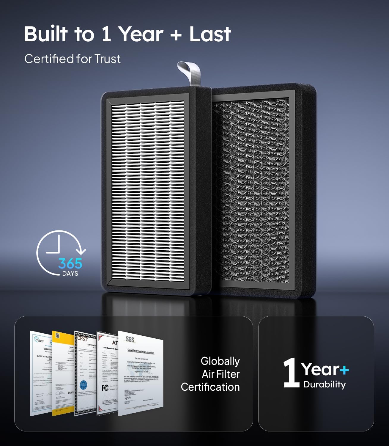 Two air filter cartridges with certification logos on a dark background