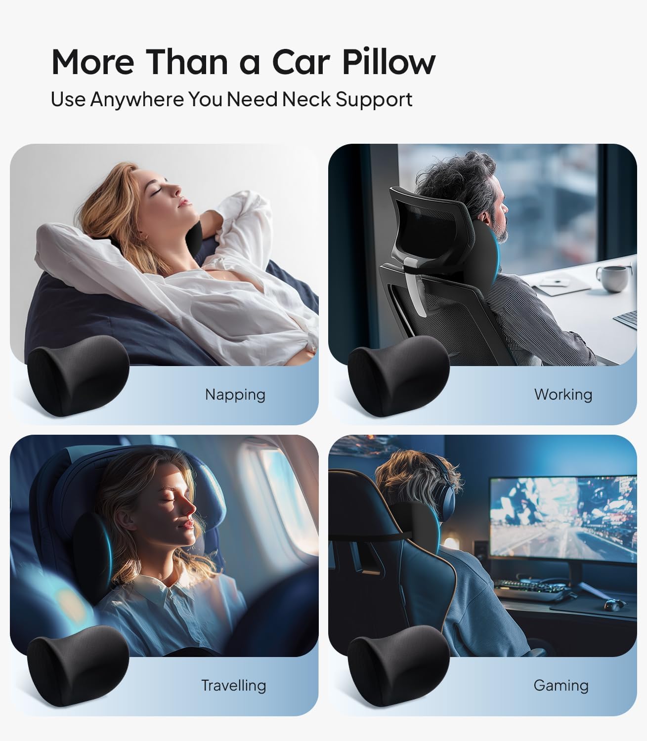 Neck support pillow used in various scenarios like napping, working, travelling, and gaming.