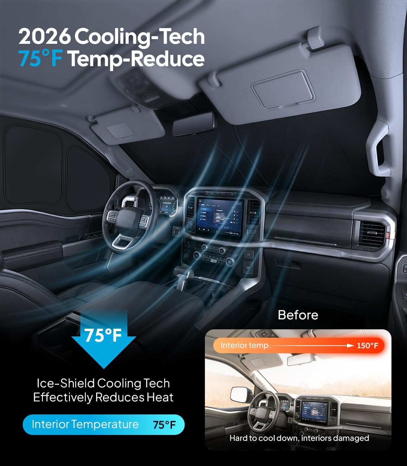 Car interior with 2026 Cooling-Tech feature displayed, showing temperature reduction and before-and-after comparison.
