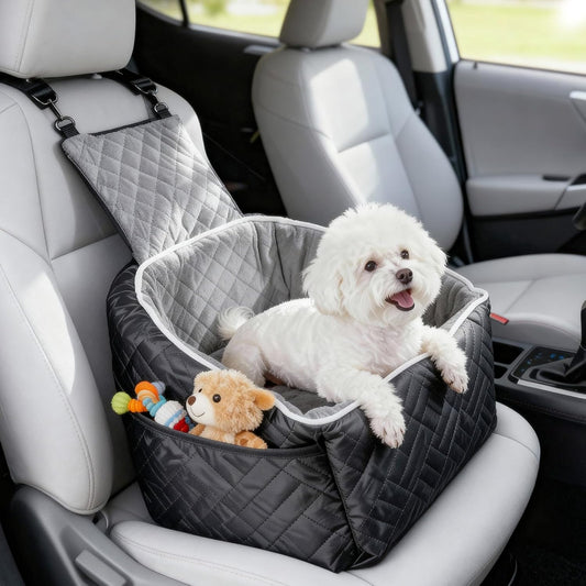 Dog in a car seat cover with a teddy bear inside, sitting in a car.