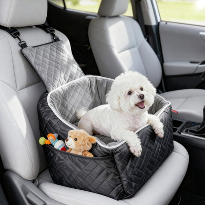 Dog in a car seat cover with a teddy bear inside, sitting in a car.