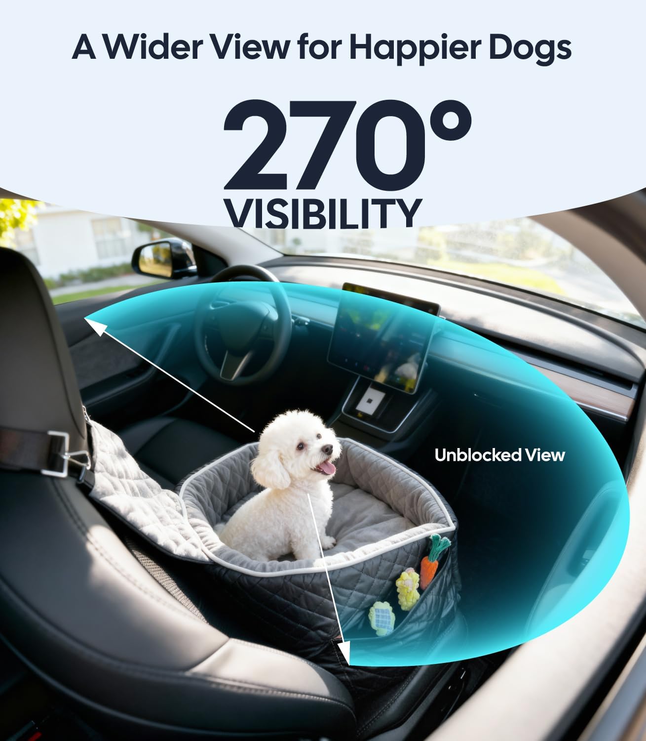 Pet car seat with 270-degree visibility in a car, showing a dog inside.