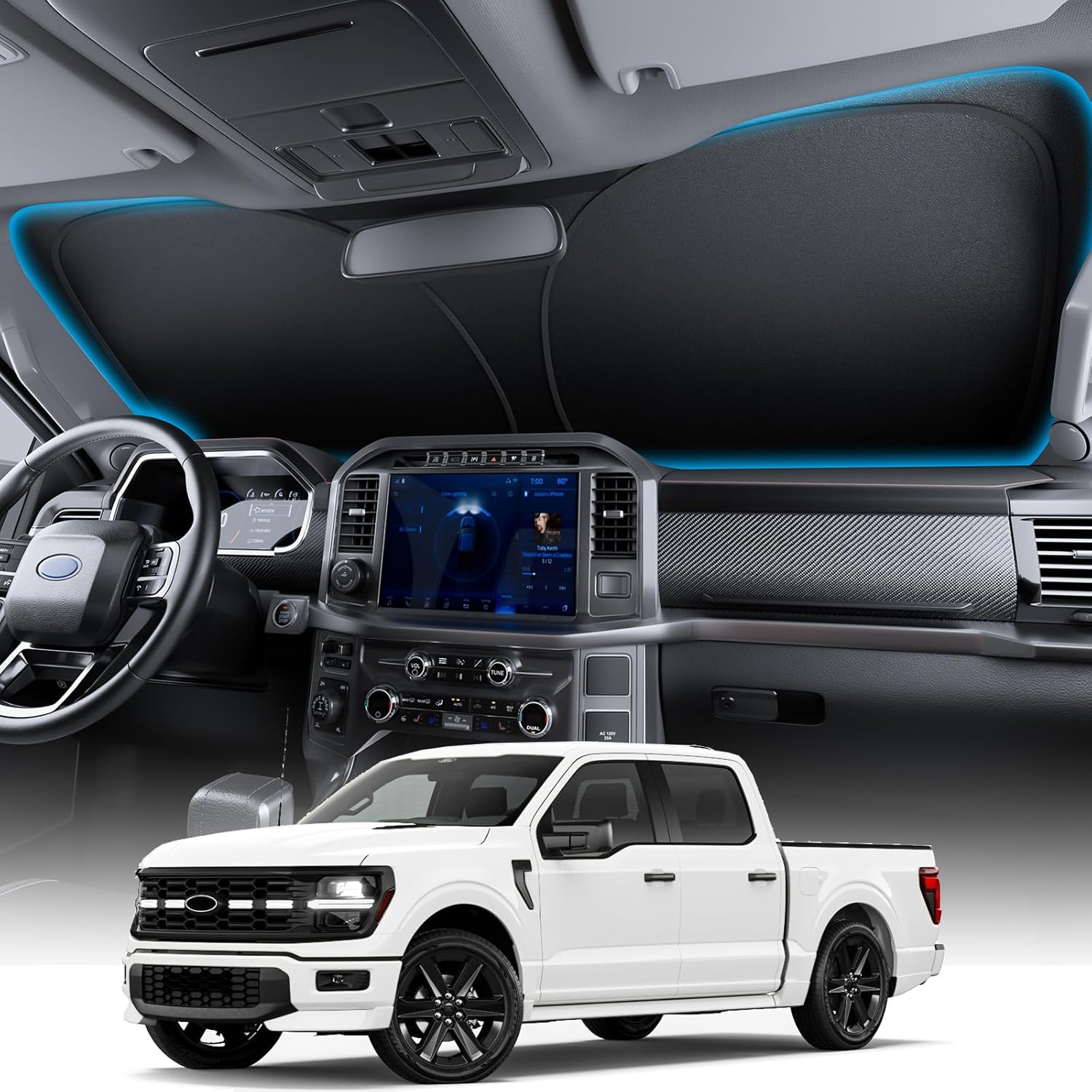 Car interior with dashboard and steering wheel, overlaid with a white Ford truck on a gray background.