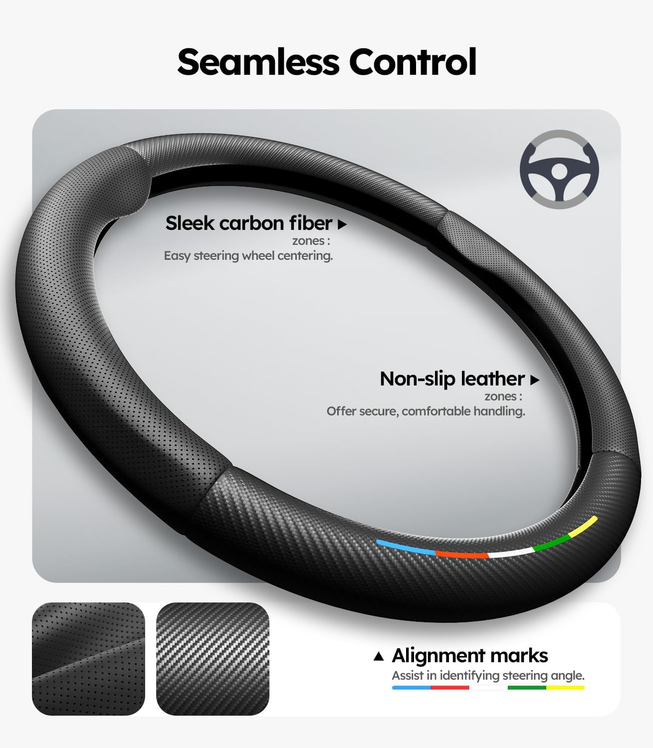 Steering wheel cover with carbon fiber and non-slip leather features on a gray background