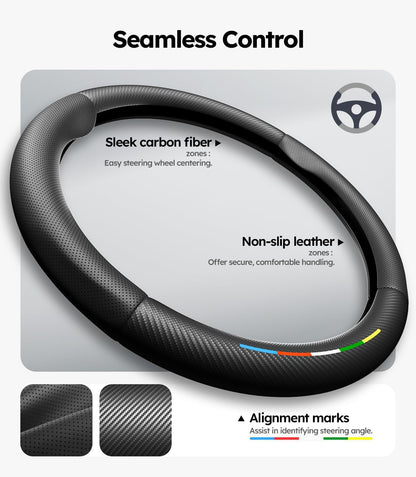 Steering wheel cover with carbon fiber and non-slip leather features on a gray background