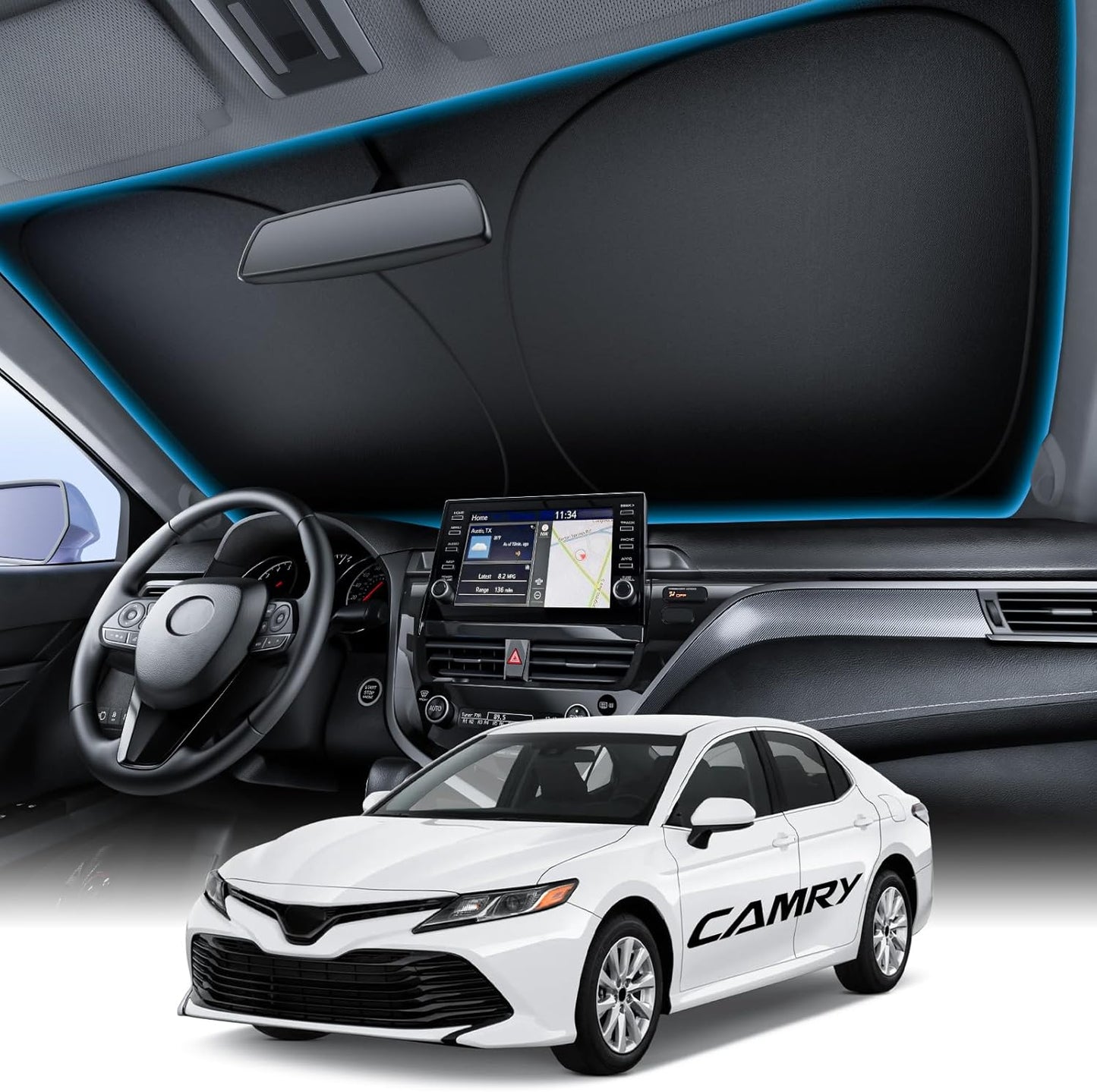 Car interior with steering wheel and dashboard, overlaid with a white Toyota Camry car.