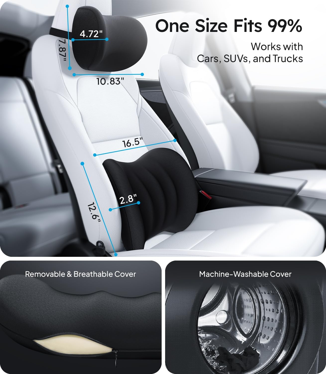 Car seat cover with measurements and features highlighted, showing compatibility with cars, SUVs, and trucks.