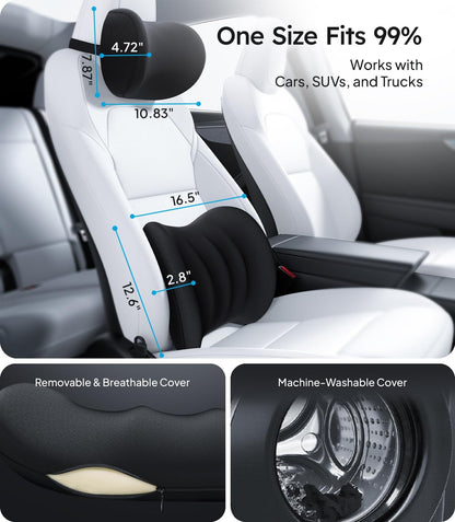 Car seat cover with measurements and features highlighted, showing compatibility with cars, SUVs, and trucks.