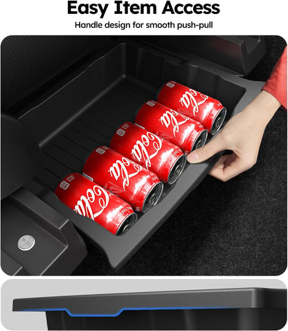 Car storage tray with Coca-Cola cans and a hand accessing it, labeled 'Easy Item Access'.