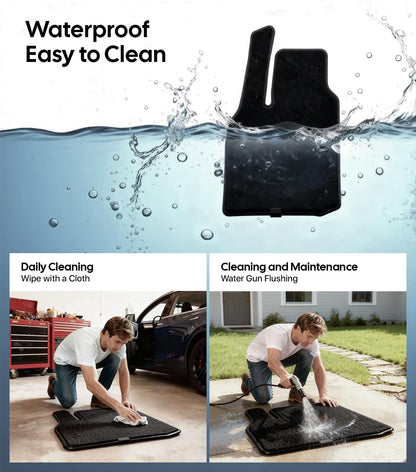 Car floor mat with water splashes and cleaning instructions on a blue background