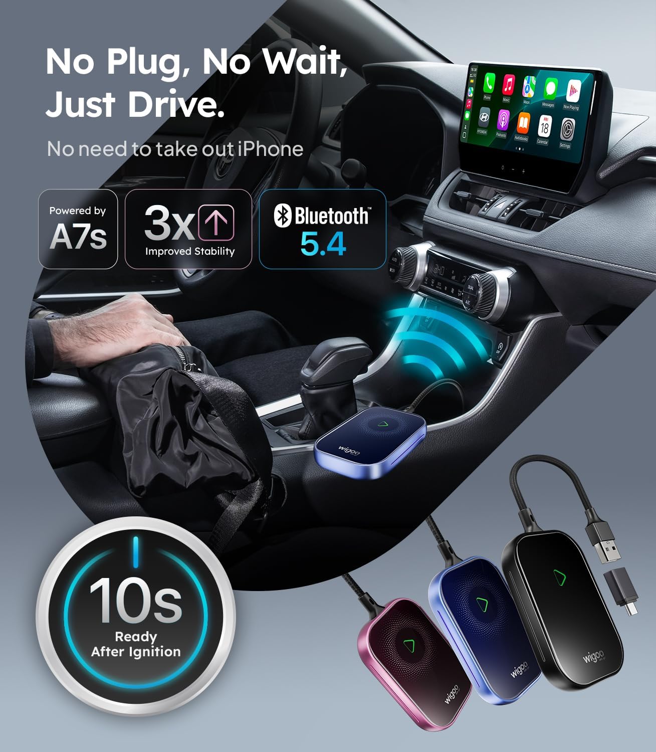 Car dashboard with wireless charging pad and smartphone app interface, featuring text about wireless charging technology.