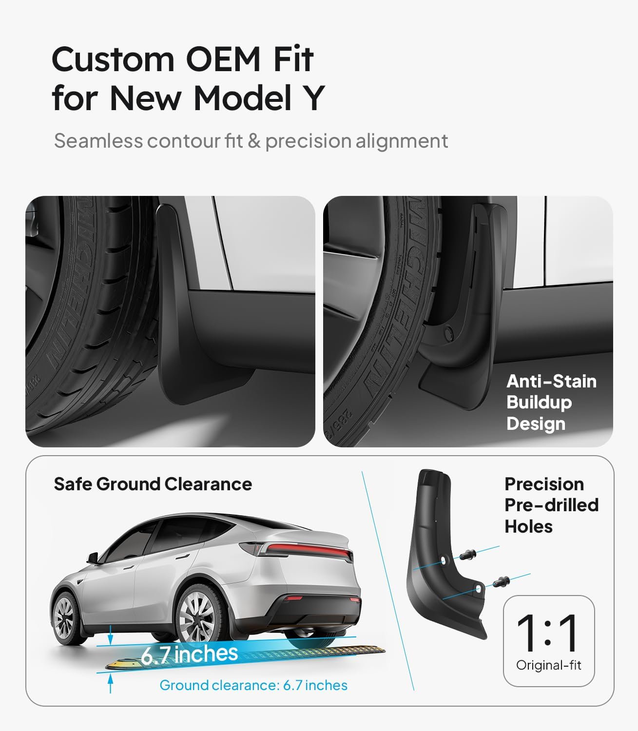Car mud flap with features and specifications on a white background