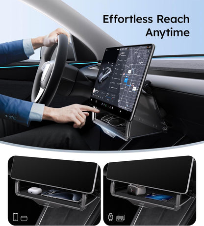 Car dashboard with tablet stand and steering wheel, emphasizing 'Effortless Reach Anytime'.
