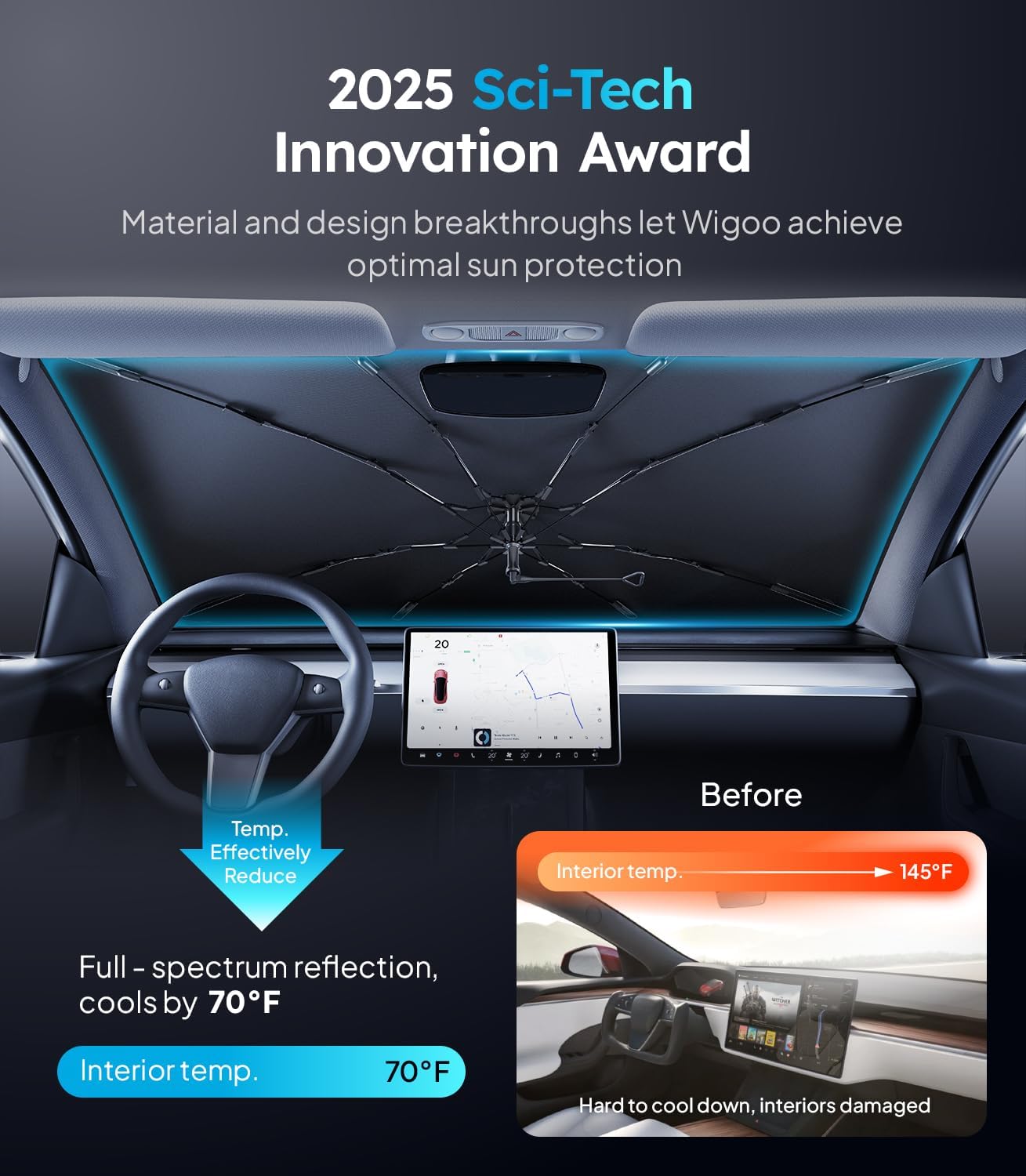 Car interior with sun protection feature, 2025 Sci-Tech Innovation Award text.