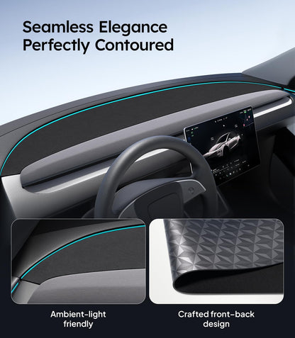 Car interior with dashboard wrap showing 'Seamless Elegance Perfectly Contoured' text.