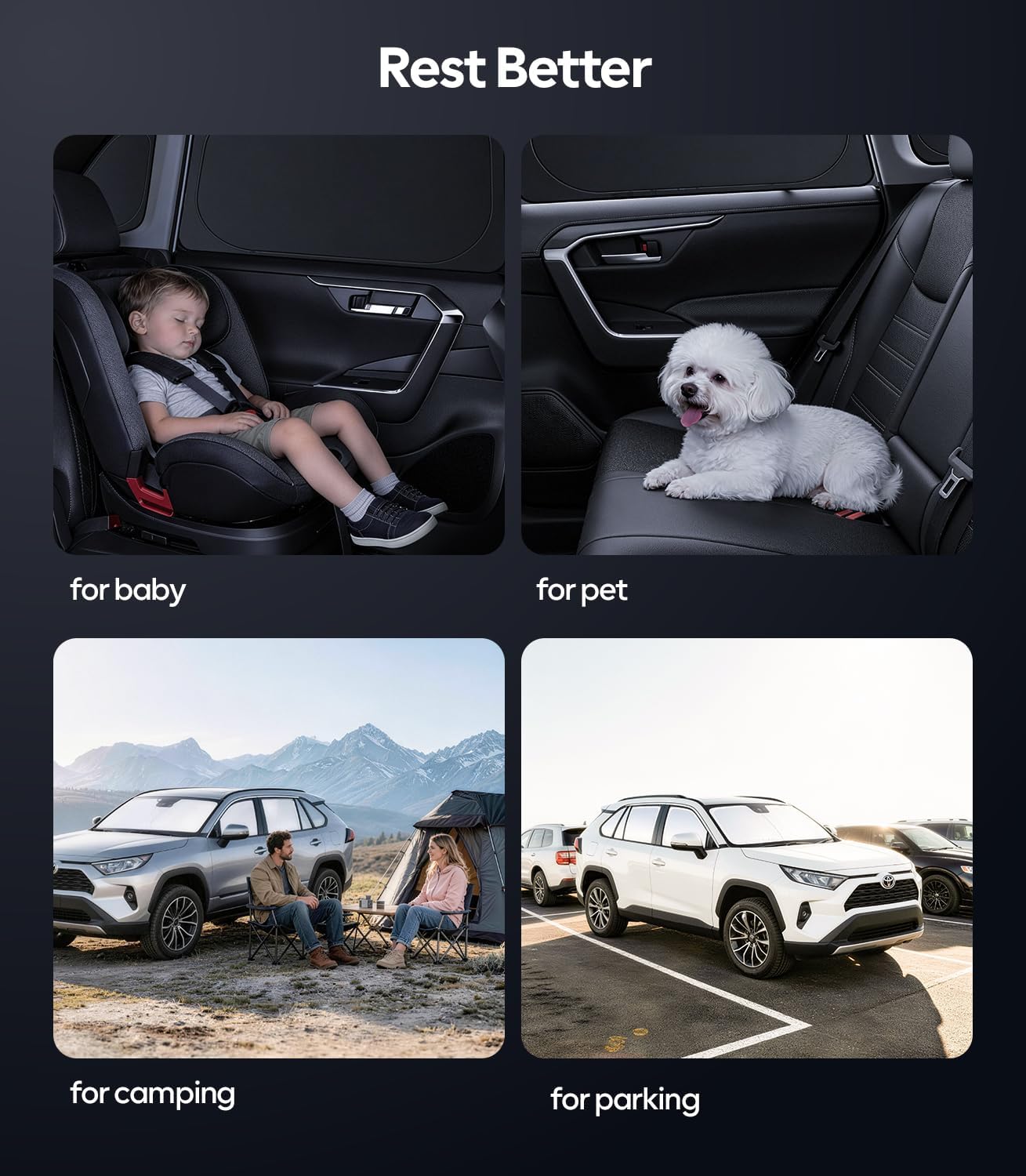 Collage of images showing a child in a car seat, a dog on a car seat, people camping with a car, and a car parked.