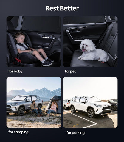 Collage of images showing a child in a car seat, a dog on a car seat, people camping with a car, and a car parked.